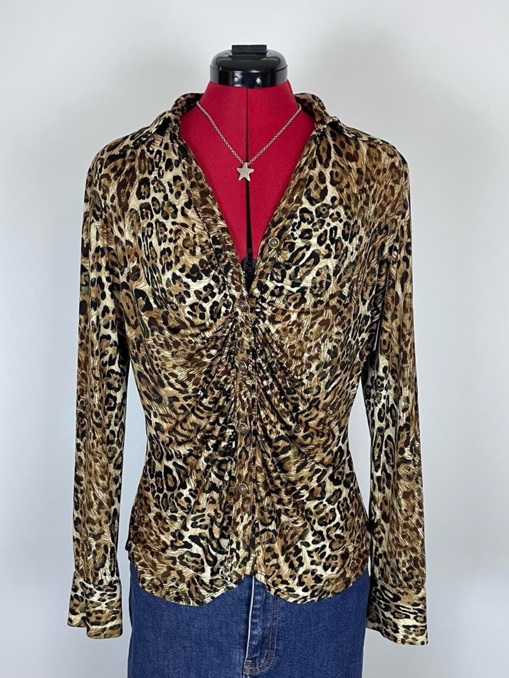 Y2K Vintage Leopard Ruched Button-Front Top